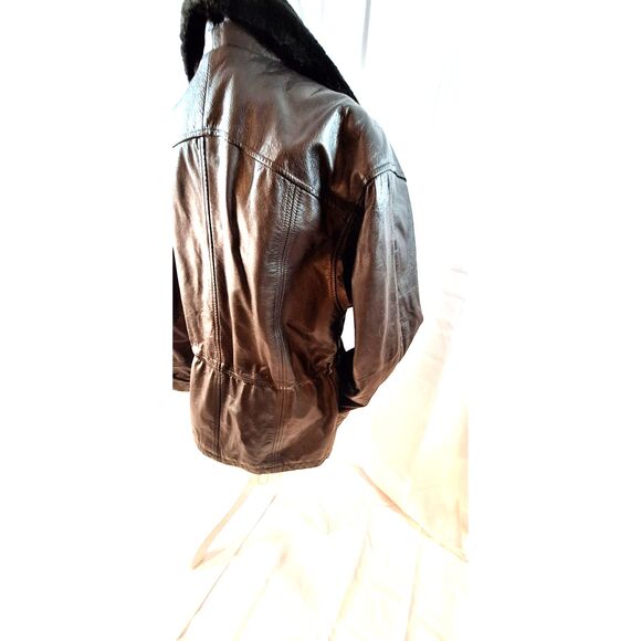 Donna Pelle Vintage Brown Leather Coat Faux Fur Collar Size S - Picture 10 of 16